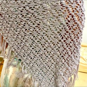 Hand Knit Scarf Wrap Crochet triangle shiny silver